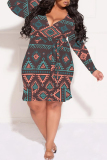Green Casual National Totem Print Lace Up V Neck Long Sleeve Ruffle Hem Vacation Plus Size Bodycon Midi Dresses