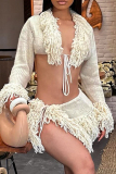 Apricot Wool Knitting Fringed Trim Deep V Neck Tie-front Long Sleeve Crop Tops and Slit Mini Skirts Two Pieces Dress Sets