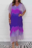 Pink Gradient Print V Neck Short Sleeve Casual Outing Vacation Straight Loose Chiffon Maxi Dress