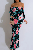 Khaki Floral Print Long Sleeve Off Shoulder One Step Skirt Formal Evening Party Wedding Bodycon Maxi Dress