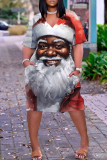 Brown Christmas Dress Santa Claus Print Deep V Neck Long Sleeve Ankle Length Casual Outing Straight Loose Midi Dress with Pocket