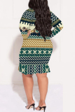 Green Casual National Totem Print Lace Up V Neck Long Sleeve Ruffle Hem Vacation Plus Size Bodycon Midi Dresses