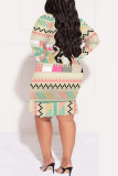 Green Casual National Totem Print Lace Up V Neck Long Sleeve Ruffle Hem Vacation Plus Size Bodycon Midi Dresses