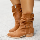 Yellow Brown Fall Winter Suede Pointed Thich Low Heel Mid-Calf Boots