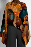 Orange Red African Pattern Girl Print Casual Loose High Low Round Neck Long Puff Sleeve Fall Winter Cloaks Tops Blouses