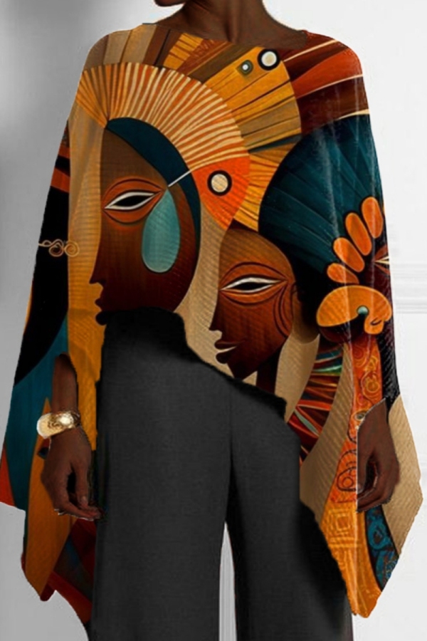 Orange Red African Pattern Girl Print Casual Loose High Low Round Neck Long Puff Sleeve Fall Winter Cloaks Tops Blouses