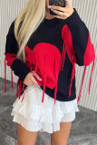 Red Casual Loose Knitting Fringed Trim Heart Shaped Contrast Draw String Hooded Collar Long Sleeve Fall Winter Sweatshirts Tops