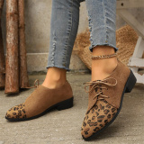 Casual Fall Winter Lace Up Leopard Contrast Pointed Low Chunky Heel Slip-on Loafer Shoes