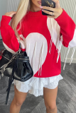 Red Casual Loose Knitting Fringed Trim Heart Shaped Contrast Draw String Hooded Collar Long Sleeve Fall Winter Sweatshirts Tops