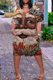 Brown Christmas Dress Santa Claus Print Deep V Neck Long Sleeve Ankle Length Casual Outing Straight Loose Midi Dress with Pocket