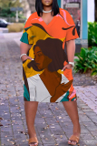 Orange Figure Print Deep V Neck Long Sleeve Ankle Length Casual Outing Straight Loose Midi Dress with Pocket