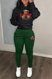 Dark Green Letter Bear Print Long Sleeve Hooded Sweatshirt and Skinny Stack Pant Casual Sportwear Two Piece Sweatpant Set