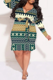Green Casual National Totem Print Lace Up V Neck Long Sleeve Ruffle Hem Vacation Plus Size Bodycon Midi Dresses