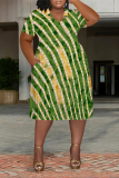 Orange Casual National Totem Graphics Print V Neck Short Sleeve Loose Pockets Midi T-Shirt Dress