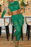 Green Party Club Sexy Skinny Lace See-Through Round Neck Long Sleeve Crop Tops and Pencil Pants Two Pieces Sets