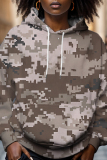 Brown Casual Camouflage Print Draw String Hooded Collar Long Sleeve Fall Winter Sweatshirts Tops