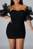 White Sleeveless Backless Zipper Asymmetrical Collar Mesh Sheer Puff Sleeve Wrapped Skirt Ruched Cocktail Bodycon Party Mini Dresses