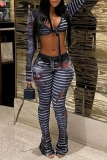 Blue Gauze Skinny Sexy Striped Print See-Through V Neck Long Sleeve Crop Tops and Pencil Pants Two Pieces Sets