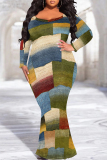 Brown Graphic Print O Neck Long Sleeve Floor Length Casual Outing Plus Size Bodycon Maxi Dress