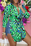 Brown Loose Casual Leopard Print V Neck Slit Button up Long Sleeve Tops Shirts