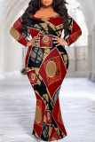 Brown Graphic Print O Neck Long Sleeve Floor Length Casual Outing Plus Size Bodycon Maxi Dress