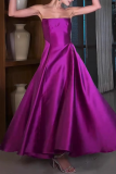 Purple Formal Evening Party Prom Gown Sleeveless Strapless Ruched Pleated Maxi Tube Satin Dresses