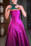 Purple Formal Evening Party Prom Gown Sleeveless Strapless Ruched Pleated Maxi Tube Satin Dresses