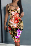 Dark Khaki Casual Floral Print U Neck Sleeveless Vacation Bodycon Midi Tank Dress