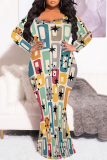 Brown Graphic Print O Neck Long Sleeve Floor Length Casual Outing Plus Size Bodycon Maxi Dress