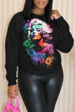 Black Purple Casual Figure Print Round Neck Long Sleeve Fall Winter Sweatshirts Tops