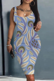White Casual Floral Print U Neck Sleeveless Vacation Bodycon Midi Tank Dress