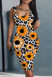 Dark Khaki Casual Floral Print U Neck Sleeveless Vacation Bodycon Midi Tank Dress