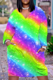 Purple Blue Casual Graphcis Print V Neck Long Sleeve Long Plus Size Maxi Casual Outing Straight Loose Maxi Dress With Pocket
