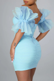 White Sleeveless Backless Zipper Asymmetrical Collar Mesh Sheer Puff Sleeve Wrapped Skirt Ruched Cocktail Bodycon Party Mini Dresses