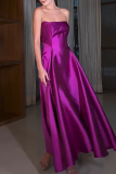 Purple Formal Evening Party Prom Gown Sleeveless Strapless Ruched Pleated Maxi Tube Satin Dresses