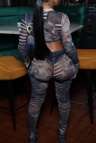 Blue Gauze Skinny Sexy Striped Print See-Through V Neck Long Sleeve Crop Tops and Pencil Pants Two Pieces Sets