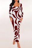 Blue Gold Stripe Print U Neck Long Sleeve Long Wrapped Skirt Bodycon Maxi Dress