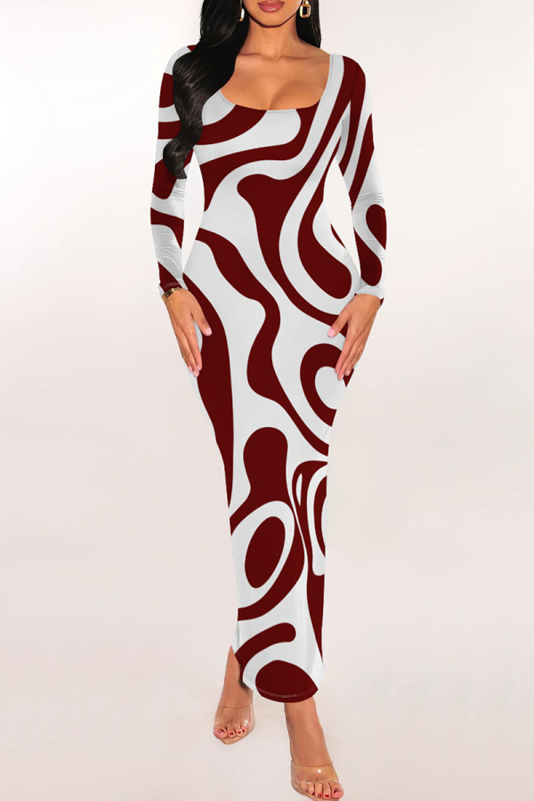 Blue Gold Stripe Print U Neck Long Sleeve Long Wrapped Skirt Bodycon Maxi Dress