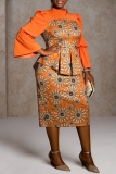 Orange Formal Office Lady Casual Boho Floral Print Half A Turtleneck Long Sleeve with Bell Cuffs Peplum Waist Bodycon African Midi Dresses