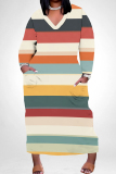 Brown Green Casual Stripe Print V Neck Long Sleeve Long Plus Size Maxi Casual Outing Straight Loose Maxi Dress With Pocket