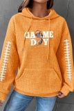 Dark Grey Loose Letter Football Print Hooded Long Sleeve Fall Winter Waffle Sweatshirts Tops
