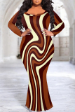 Brown Graphic Print O Neck Long Sleeve Floor Length Casual Outing Plus Size Bodycon Maxi Dress