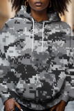Brown Casual Camouflage Print Draw String Hooded Collar Long Sleeve Fall Winter Sweatshirts Tops