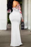 White Red Floral Print Off Shoulder Long Flutter Sleeve Mermaid Hem Vacation Boho Style Maxi Dresses