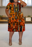 Orange Casual National Totem Graphics Print V Neck Short Sleeve Loose Pockets Midi T-Shirt Dress