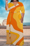 Brown Geometric Print V Neck 3/4 Sleeve Lace Up Casual Outing Vacation Straight Loose Maxi Dress