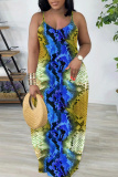 Red Casual Snakeskin Print Sleeveless Backless Spaghetti Strap Floor Length Casual Outing Straight Loose Maxi Slip Dress