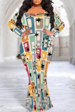 Brown Graphic Print O Neck Long Sleeve Floor Length Casual Outing Plus Size Bodycon Maxi Dress