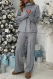 Khaki Loose Turtleneck Long Sleeve Sweaters and Belted Wide Leg Pants Fall Winter Knitted Two Pieces Matching Sets