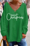 Green Loose Christmas Tree Santa Print Contrast V Neck Long Sleeve Fall Winter Blouses Tops